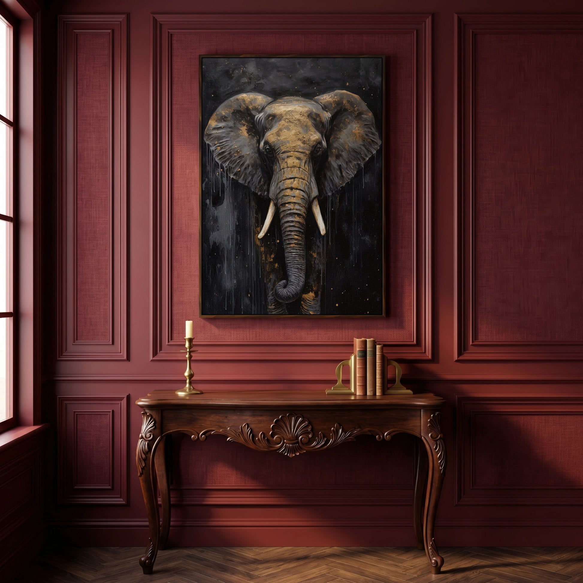 Golden Elephant Portrait Canvas in dark walnut floating frame