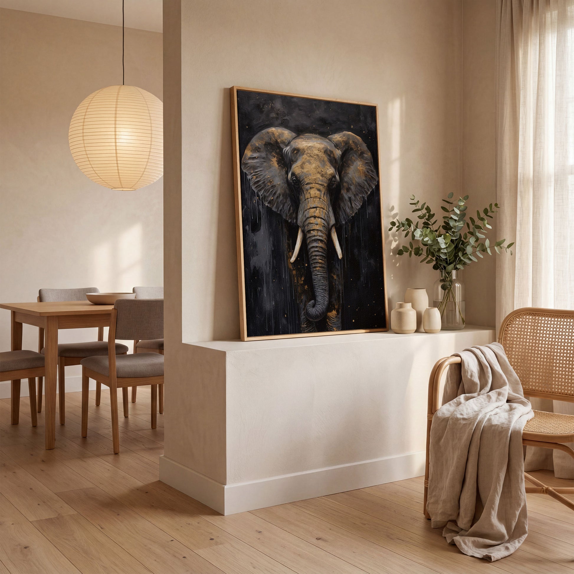 Golden Elephant Portrait Canvas in white oak floating frame