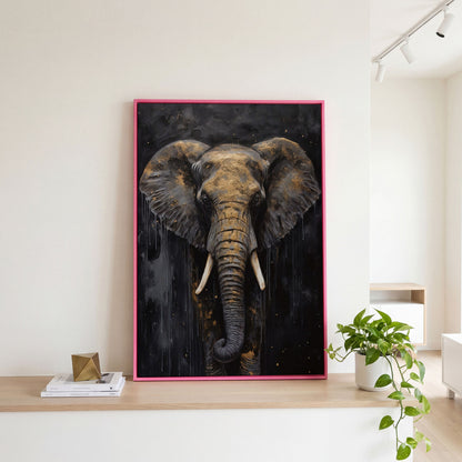 Golden Elephant Portrait Canvas in pink floating frame