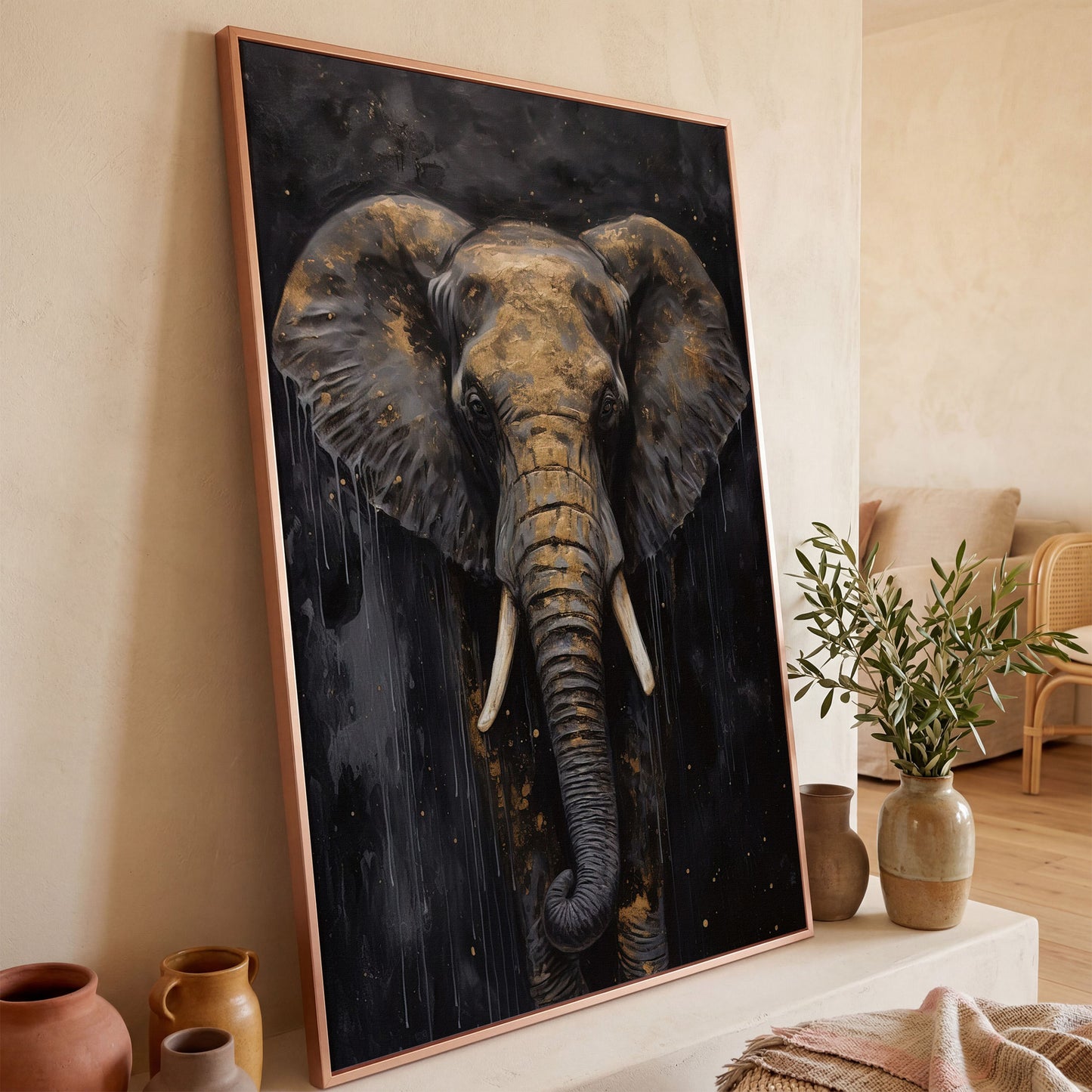 Golden Elephant Portrait Canvas in rose gold floating frame
