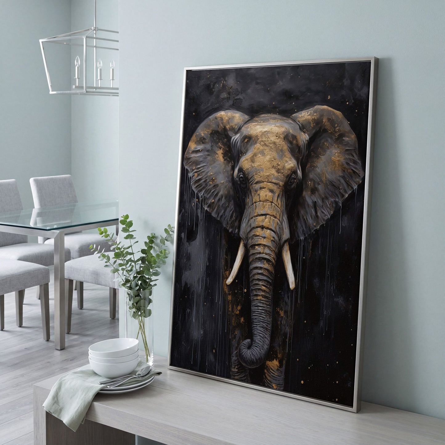 Golden Elephant Portrait Canvas in silver floating frame