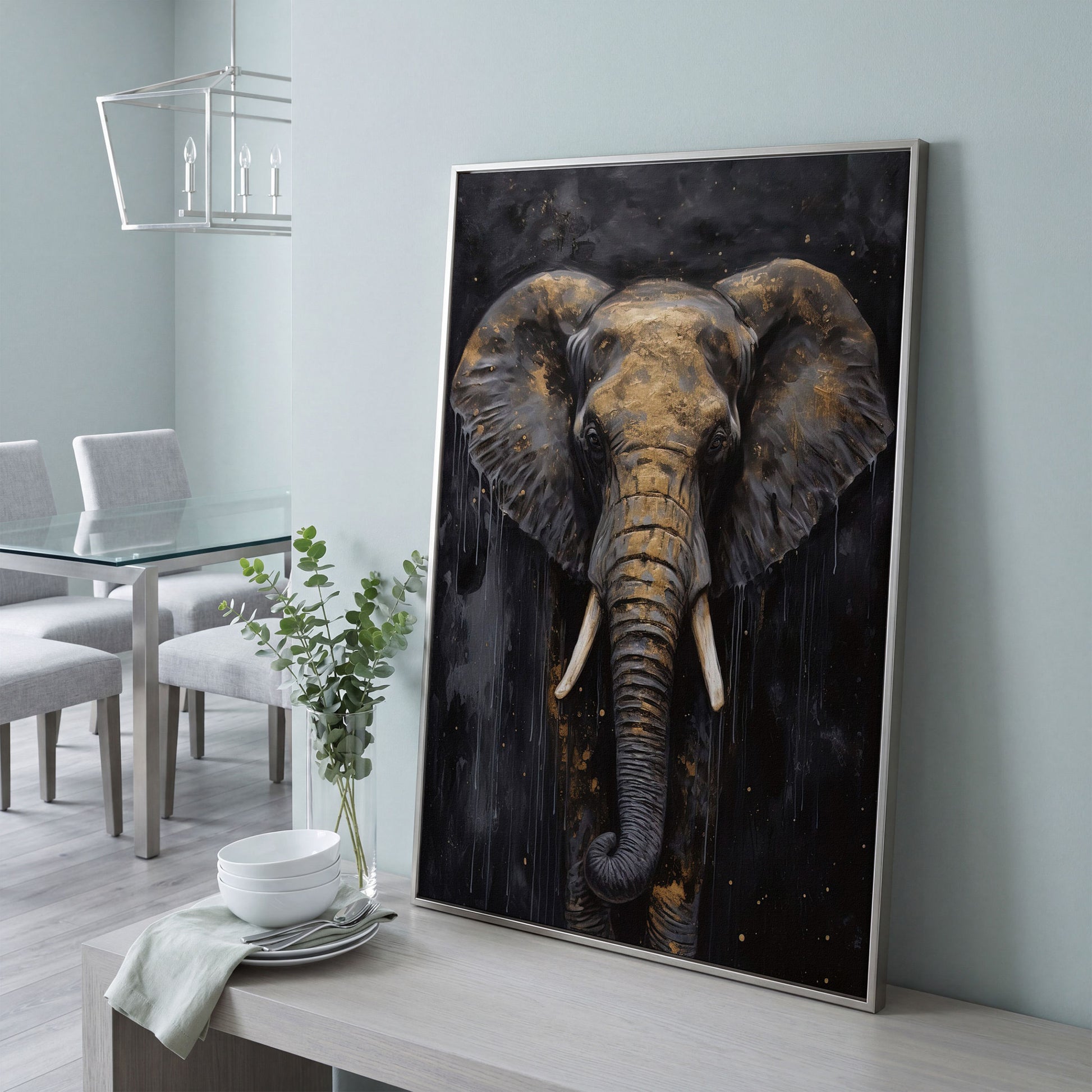 Golden Elephant Portrait Canvas in silver floating frame