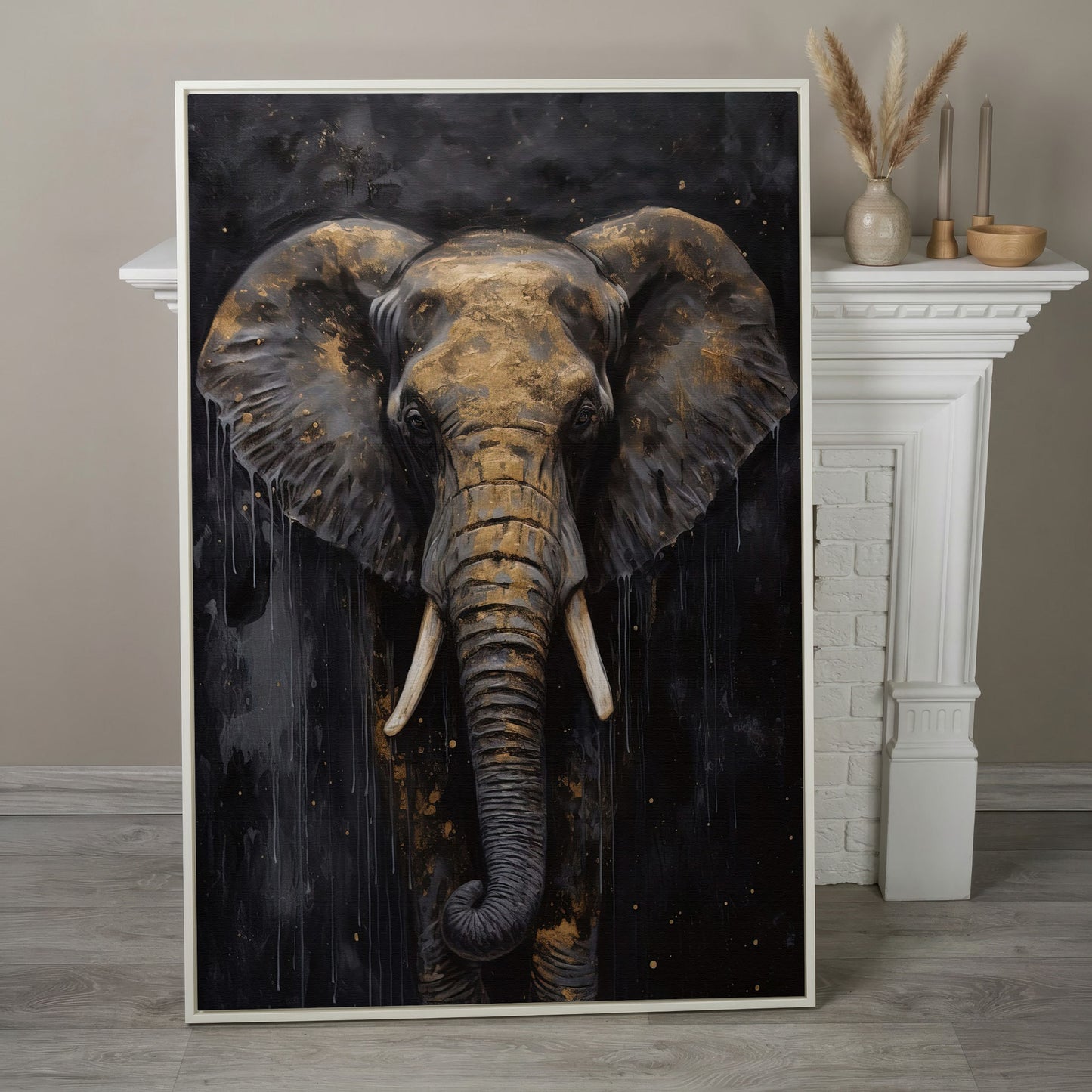 Golden Elephant Portrait Canvas in white floating frame