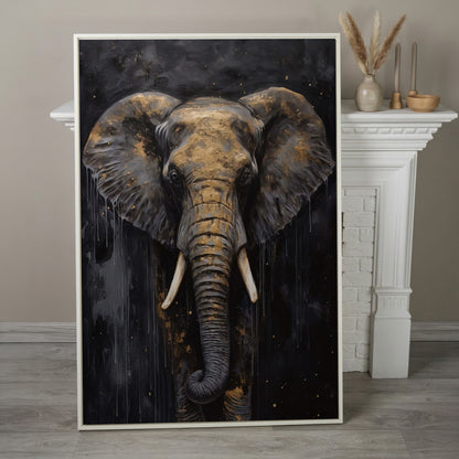 Golden Elephant Portrait Canvas in white floating frame