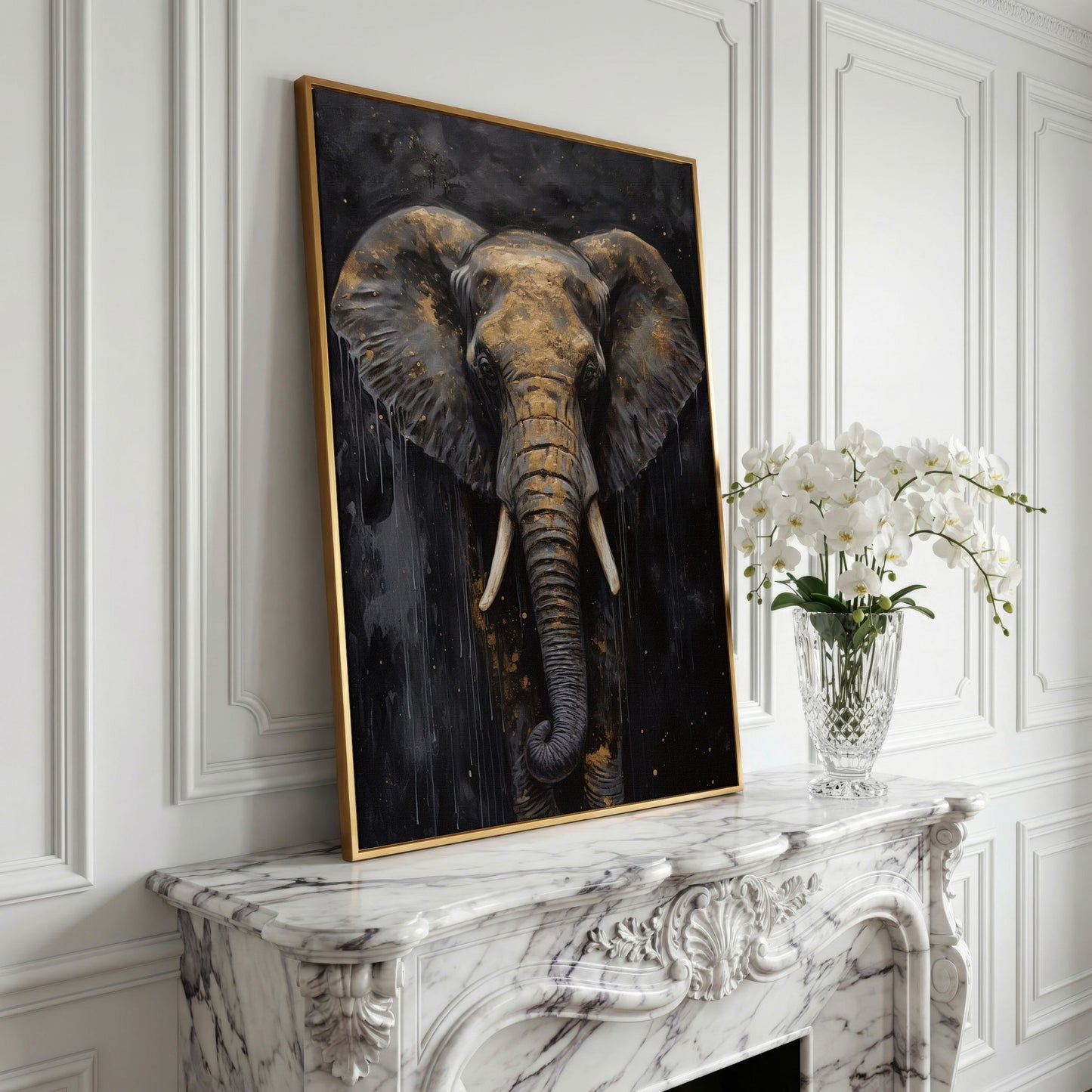 Golden Elephant Portrait Canvas in yellow gold floating frame