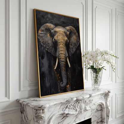 Golden Elephant Portrait Canvas in yellow gold floating frame