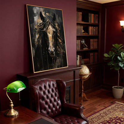 Elegant Horse Portrait Canvas in Black and Gold in antique gold floating frame