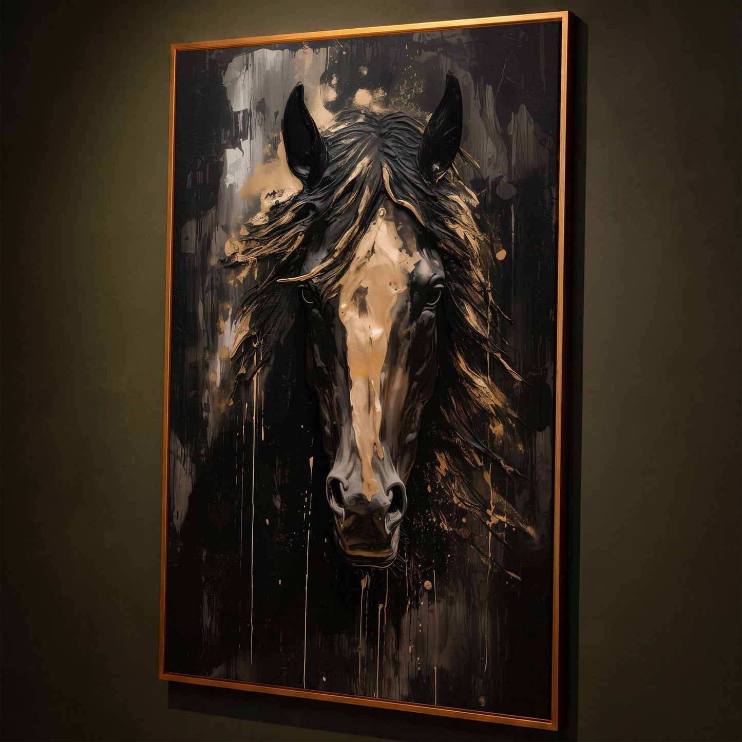 Elegant Horse Portrait Canvas in Black and Gold shown in antique gold floating frame