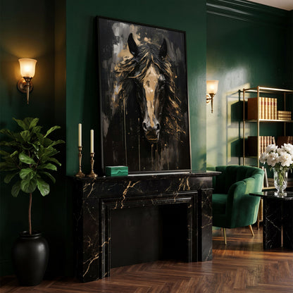 Elegant Horse Portrait Canvas in Black and Gold in black floating frame