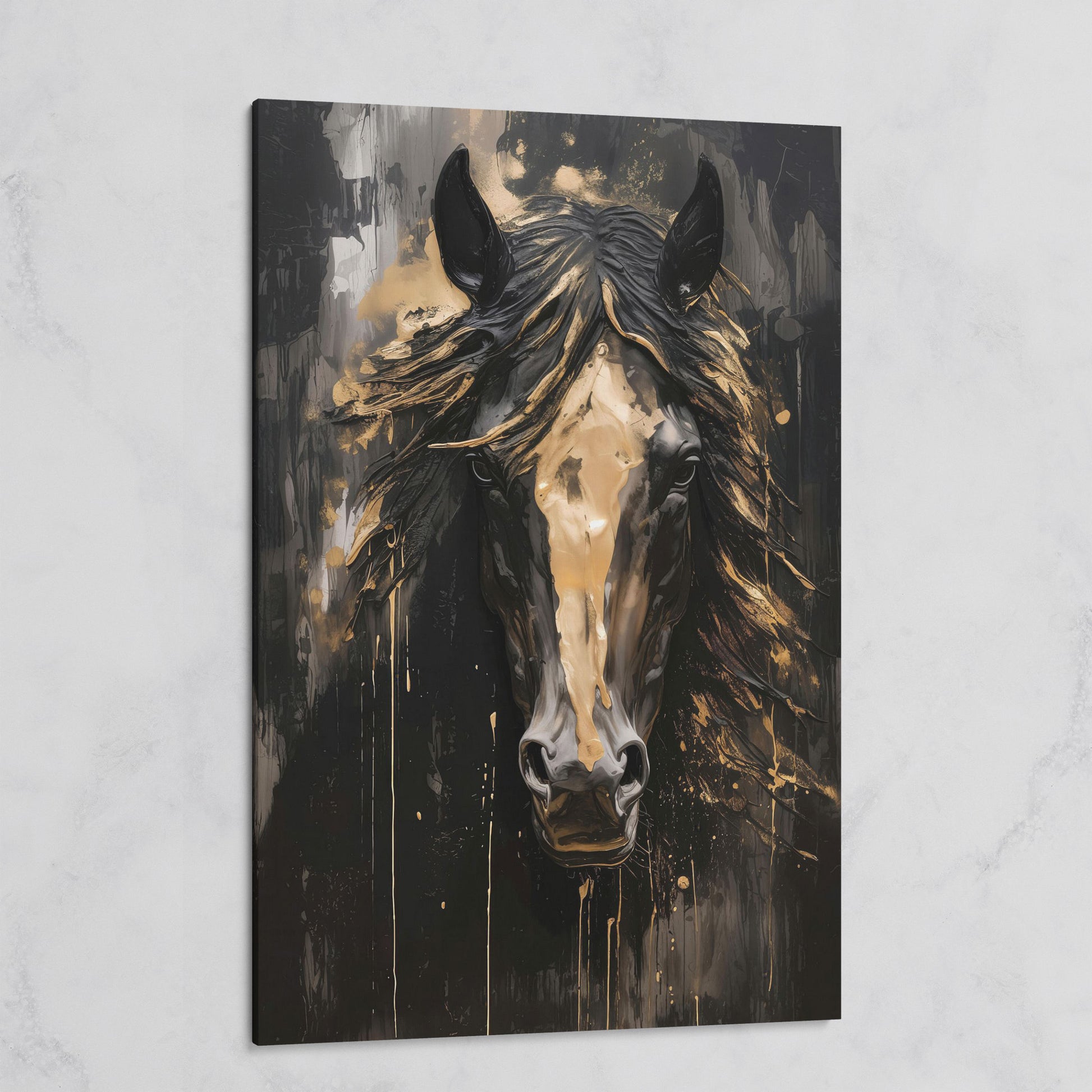 Elegant Horse Portrait Canvas in Black and Gold on gallery wrap