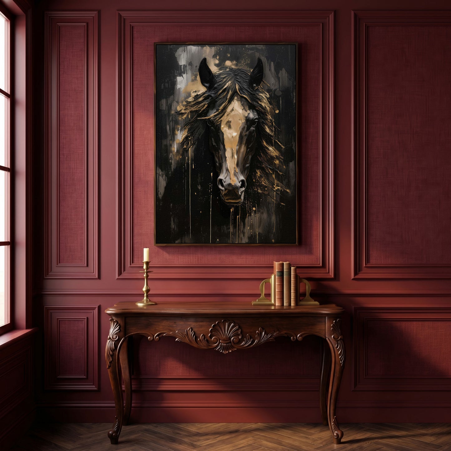 Elegant Horse Portrait Canvas in Black and Gold in dark walnut floating frame