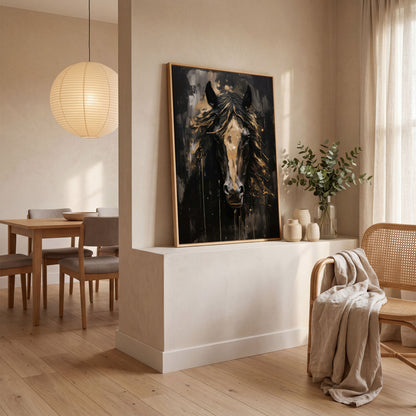 Elegant Horse Portrait Canvas in Black and Gold in white oak floating frame