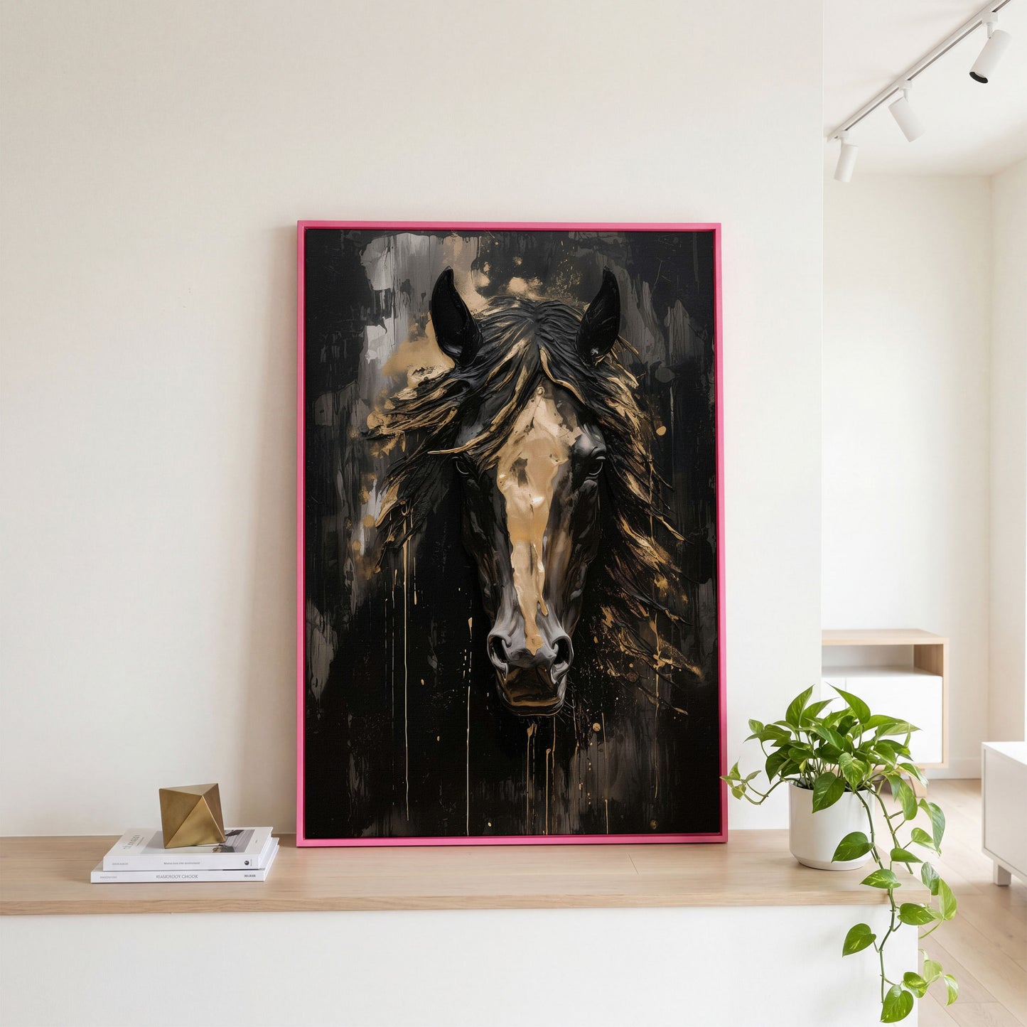 Elegant Horse Portrait Canvas in Black and Gold in pink floating frame