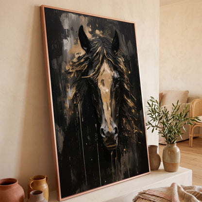 Elegant Horse Portrait Canvas in Black and Gold in rose gold floating frame