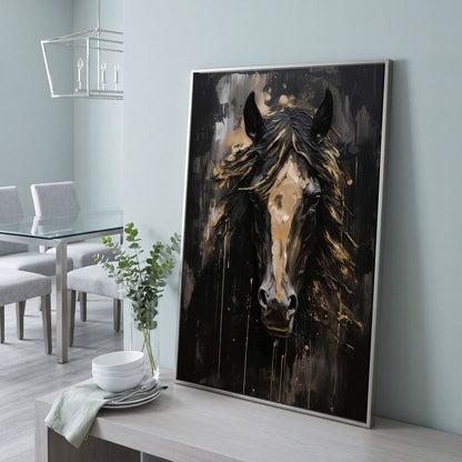 Elegant Horse Portrait Canvas in Black and Gold in silver floating frame