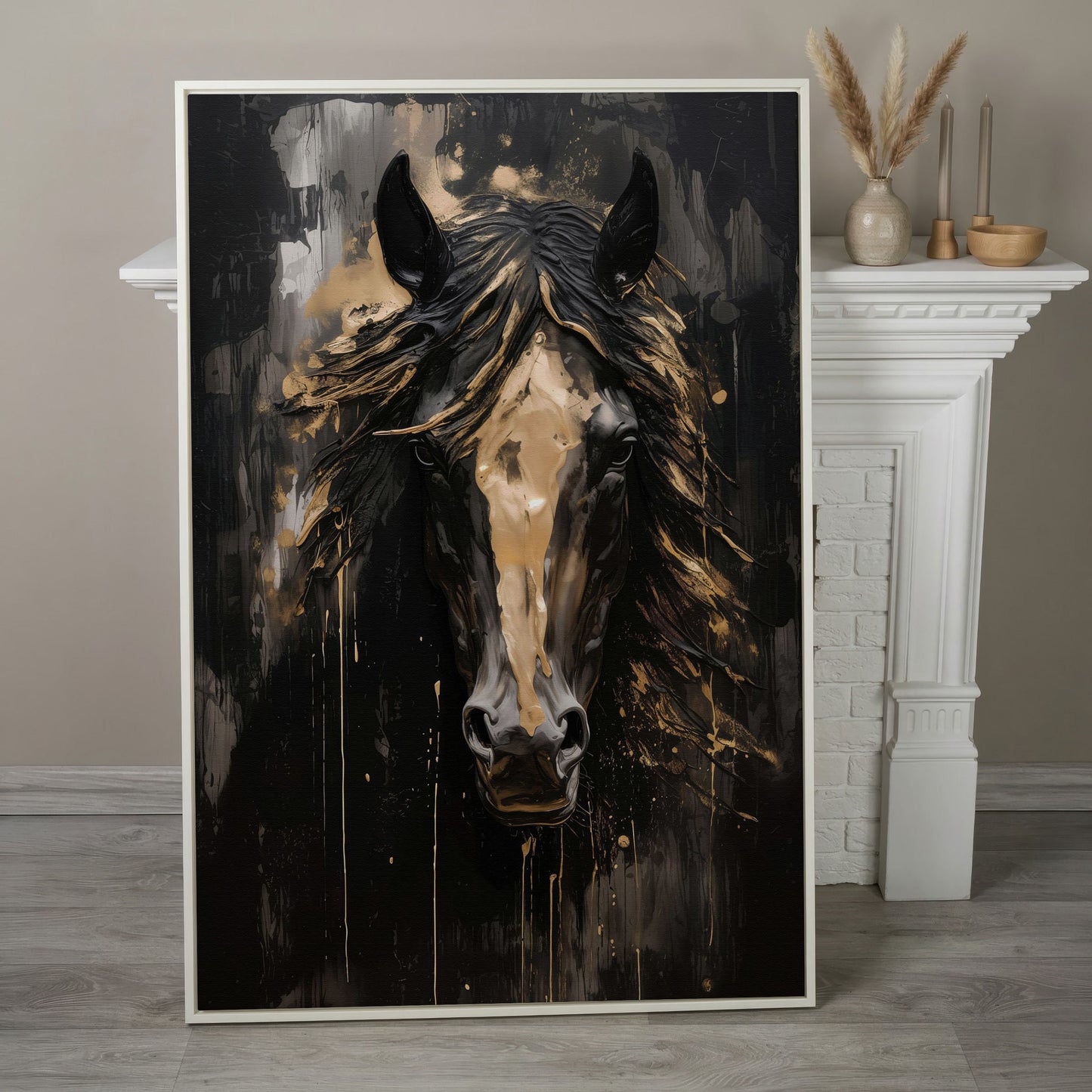 Elegant Horse Portrait Canvas in Black and Gold in white floating frame