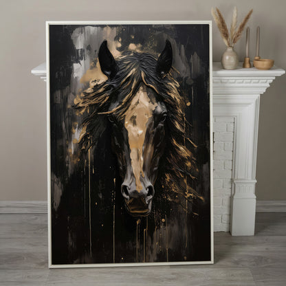 Elegant Horse Portrait Canvas in Black and Gold in white floating frame