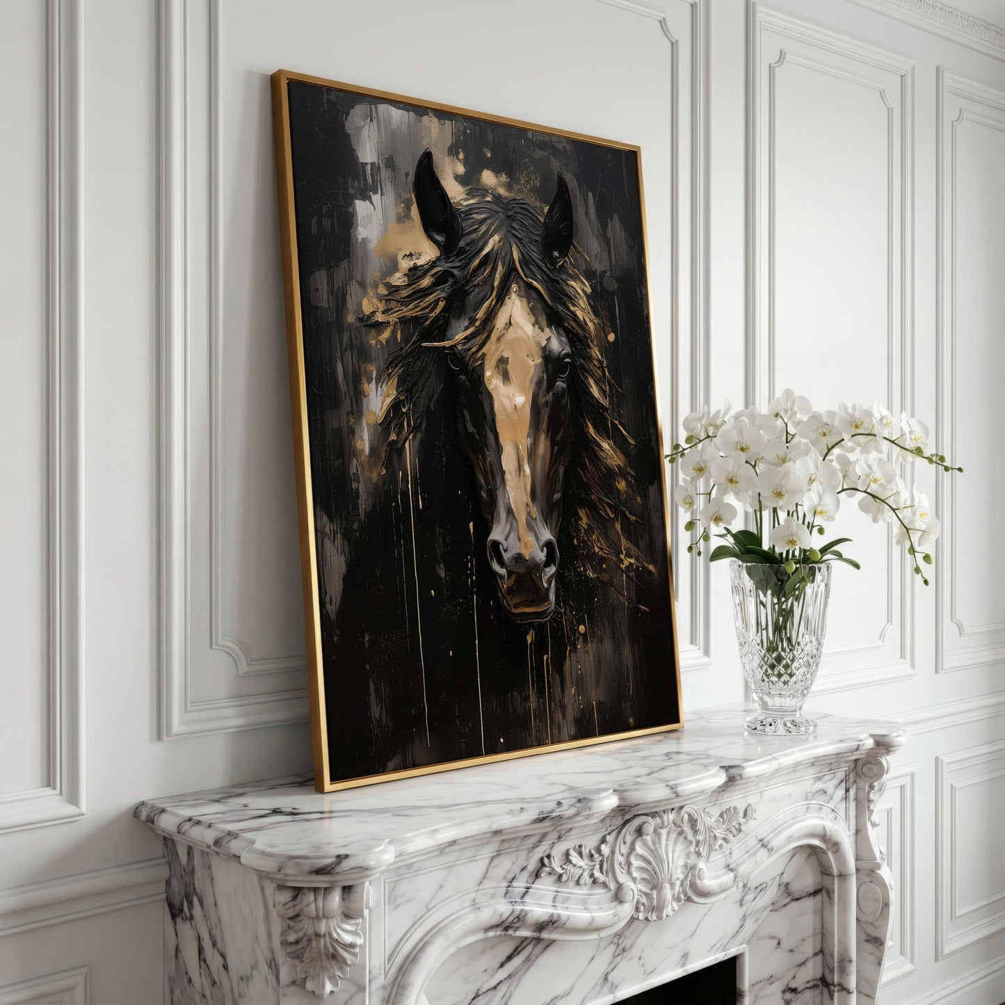 Elegant Horse Portrait Canvas in Black and Gold in yellow gold floating frame