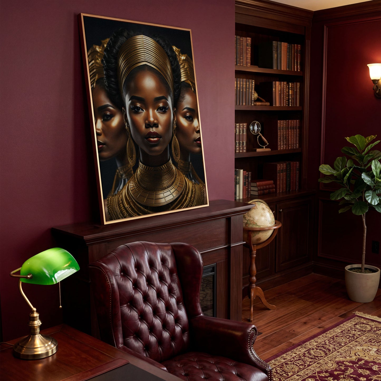 Three African Women in Gold Crown Canvas in antique gold floating frame