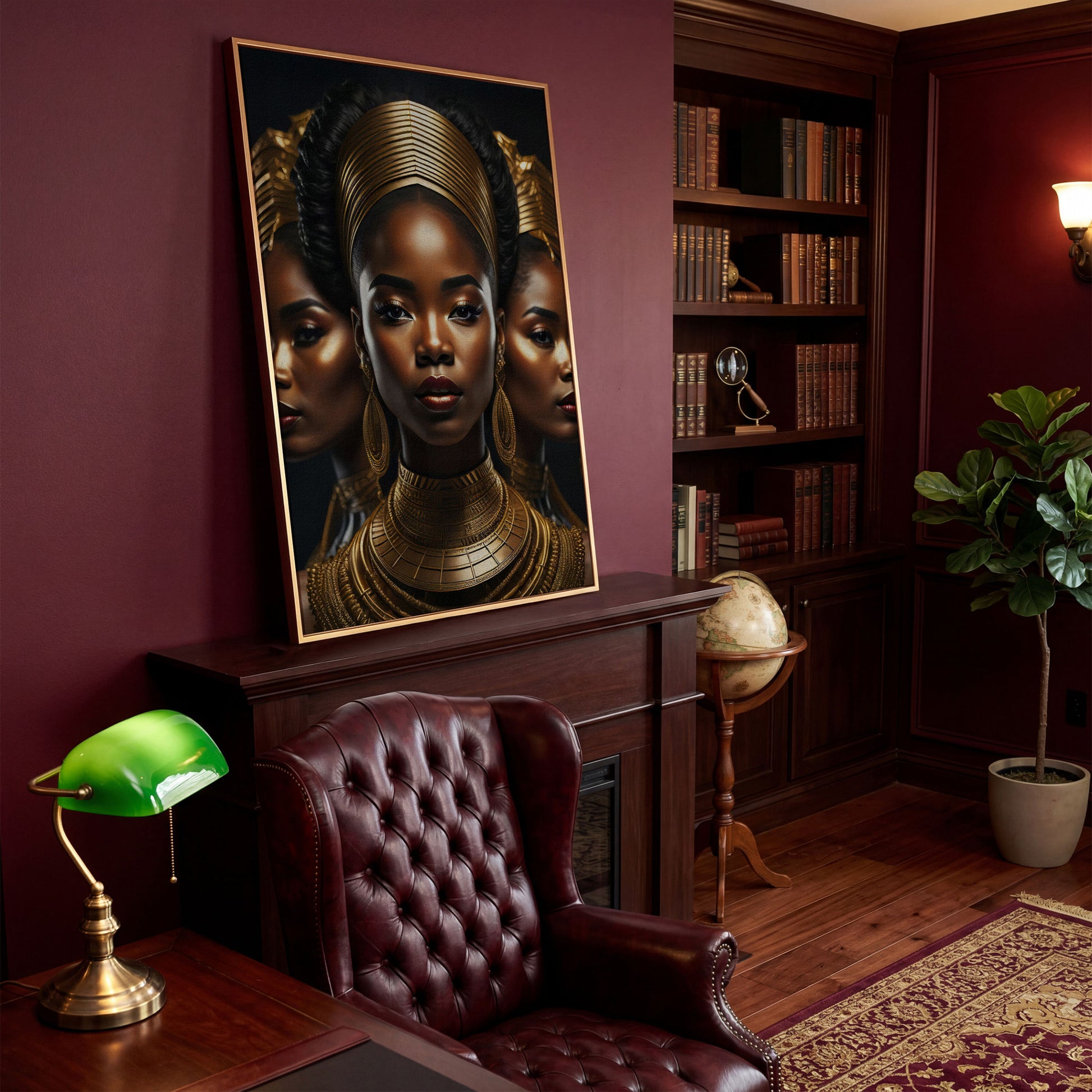 Three African Women in Gold Crown Canvas in antique gold floating frame