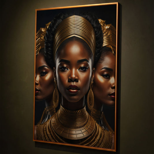 Three African Women in Gold Crown Canvas shown in antique gold floating frame