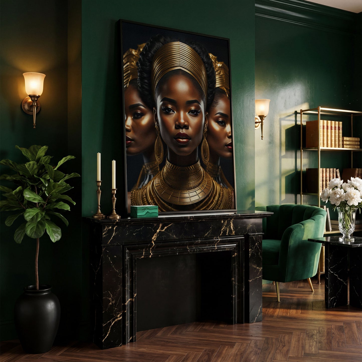 Three African Women in Gold Crown Canvas in black floating frame