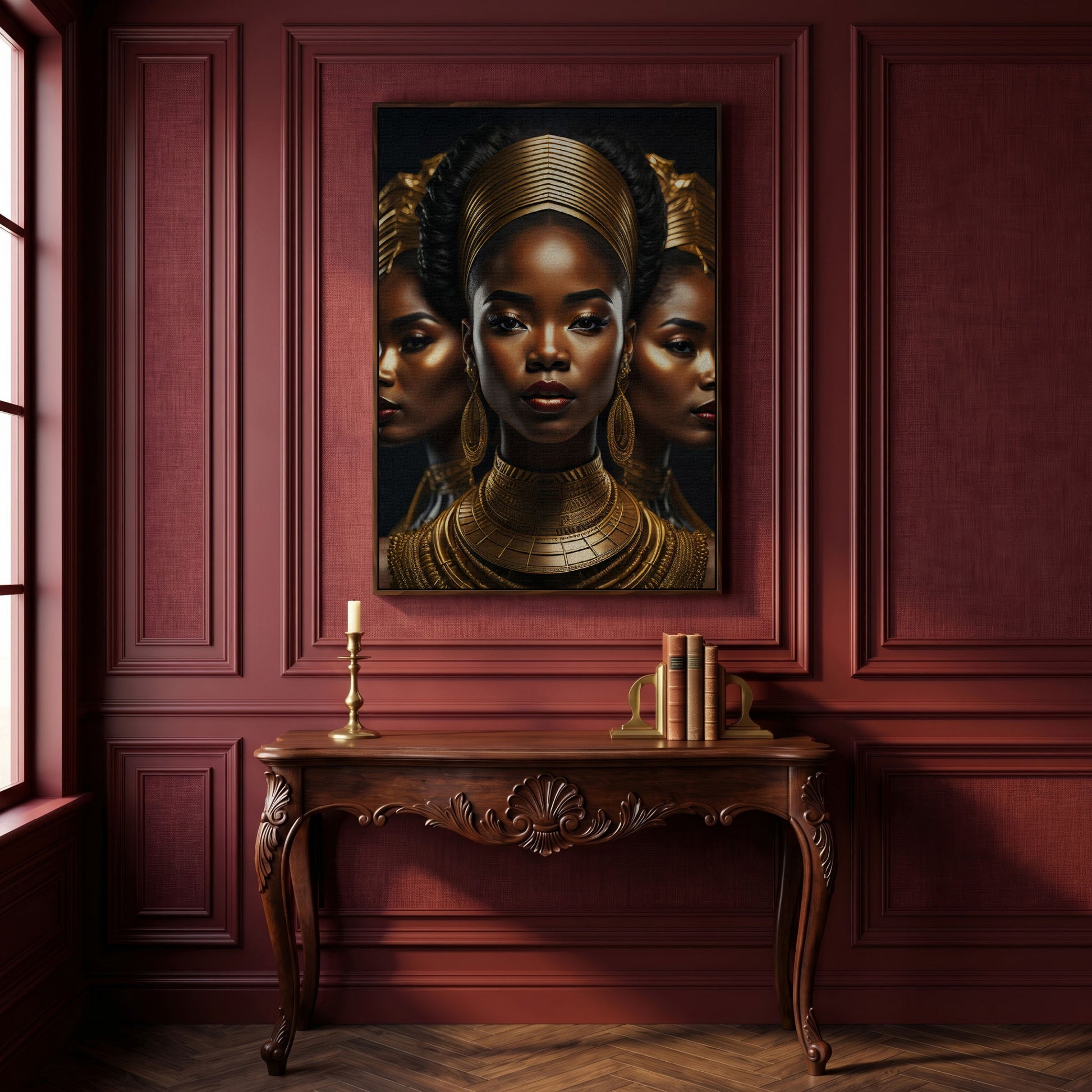Three African Women in Gold Crown Canvas in dark walnut floating frame