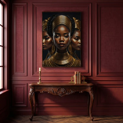 Three African Women in Gold Crown Canvas in dark walnut floating frame