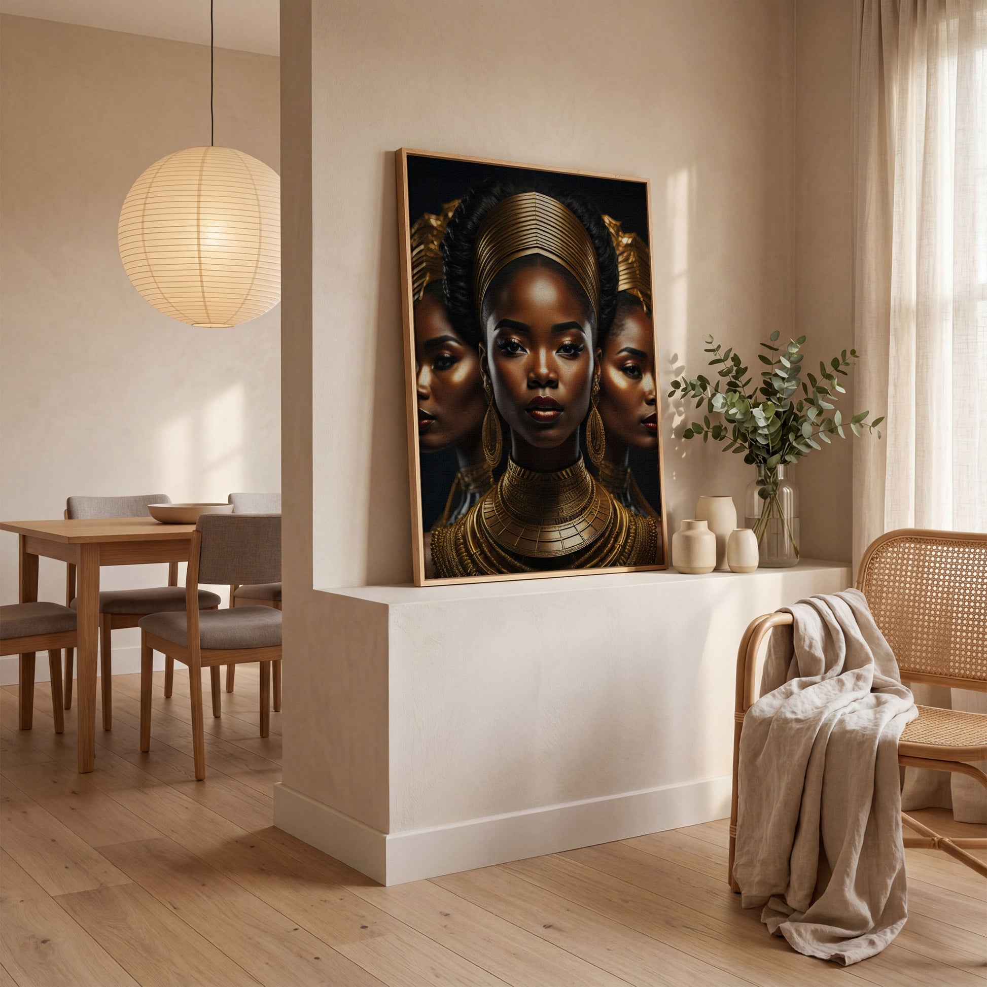 Three African Women in Gold Crown Canvas in white oak floating frame