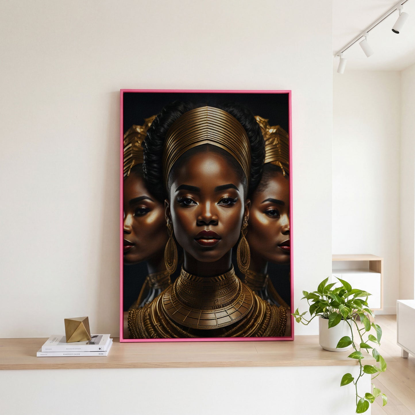 Three African Women in Gold Crown Canvas in pink floating frame