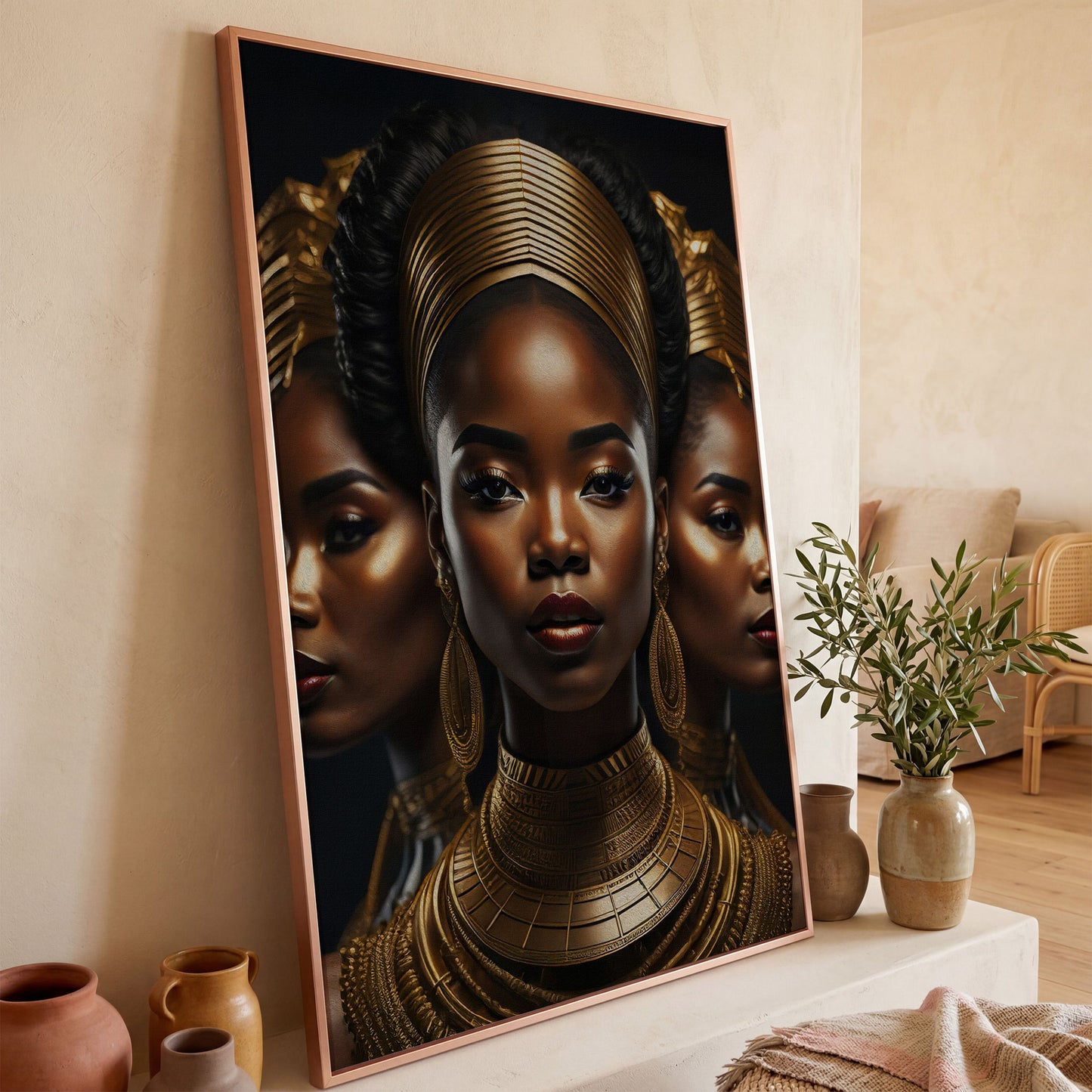 Three African Women in Gold Crown Canvas in rose gold floating frame