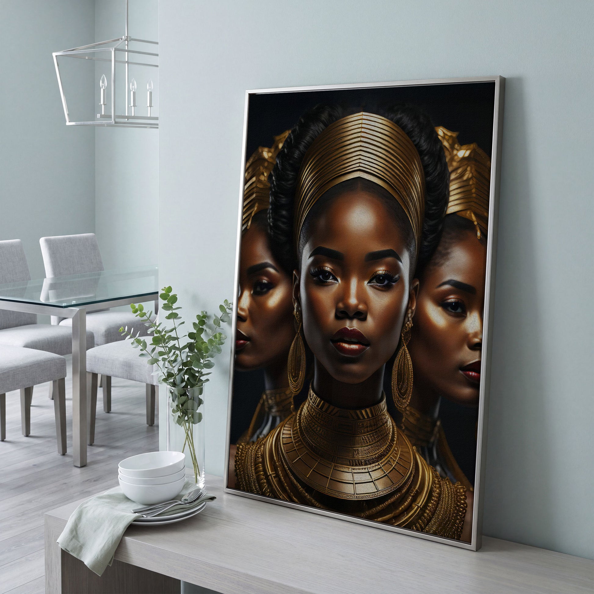 Three African Women in Gold Crown Canvas in silver floating frame