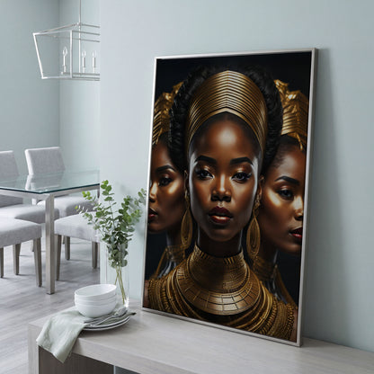 Three African Women in Gold Crown Canvas in silver floating frame