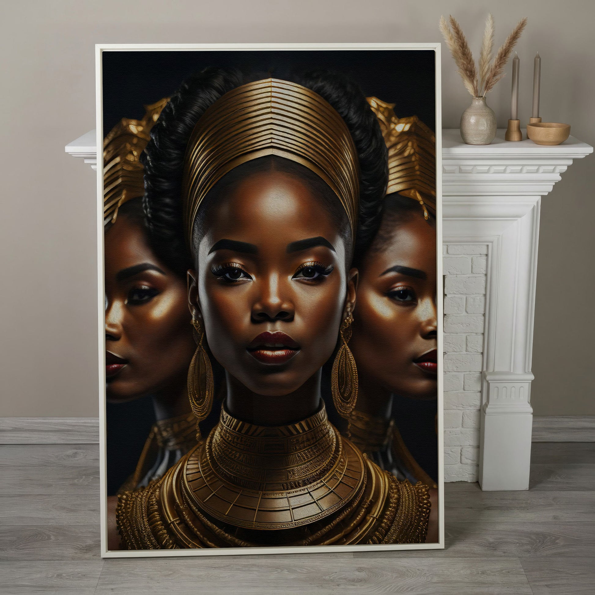 Three African Women in Gold Crown Canvas in white floating frame