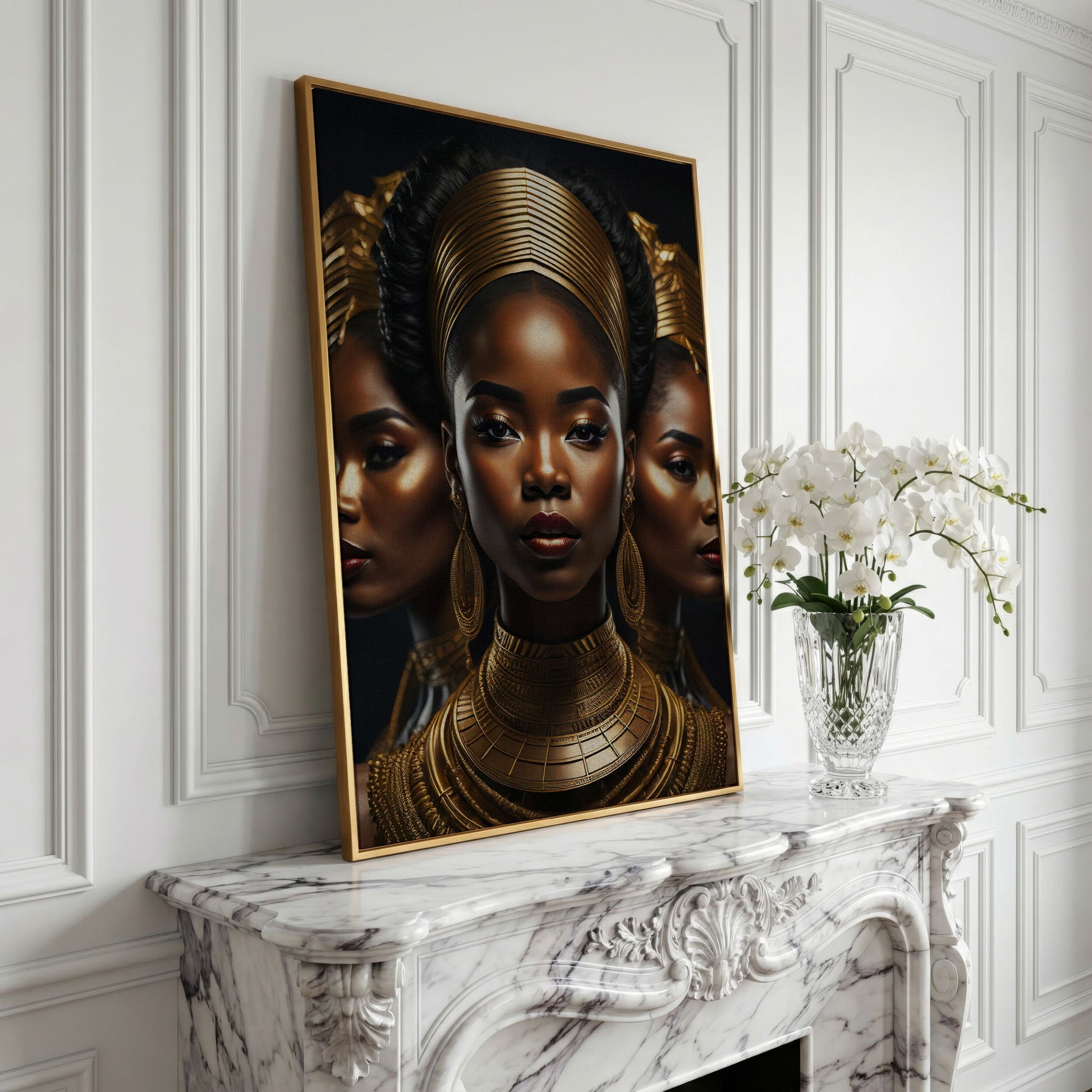 Three African Women in Gold Crown Canvas in yellow gold floating frame