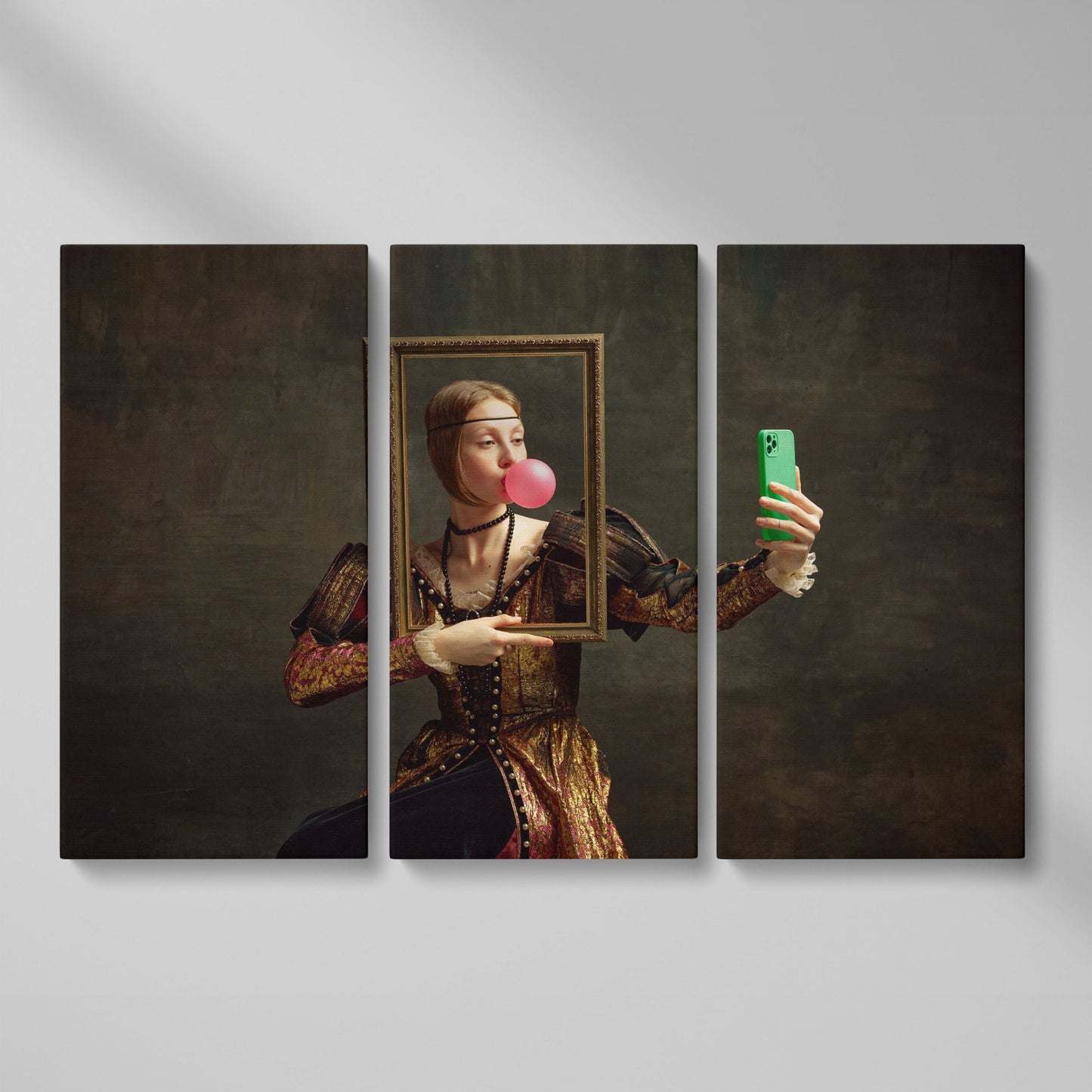 Young Girl with Bubble Gum Portrait Canvas as 3-panel split version