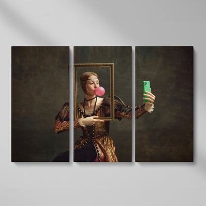 Young Girl with Bubble Gum Portrait Canvas as 3-panel split version