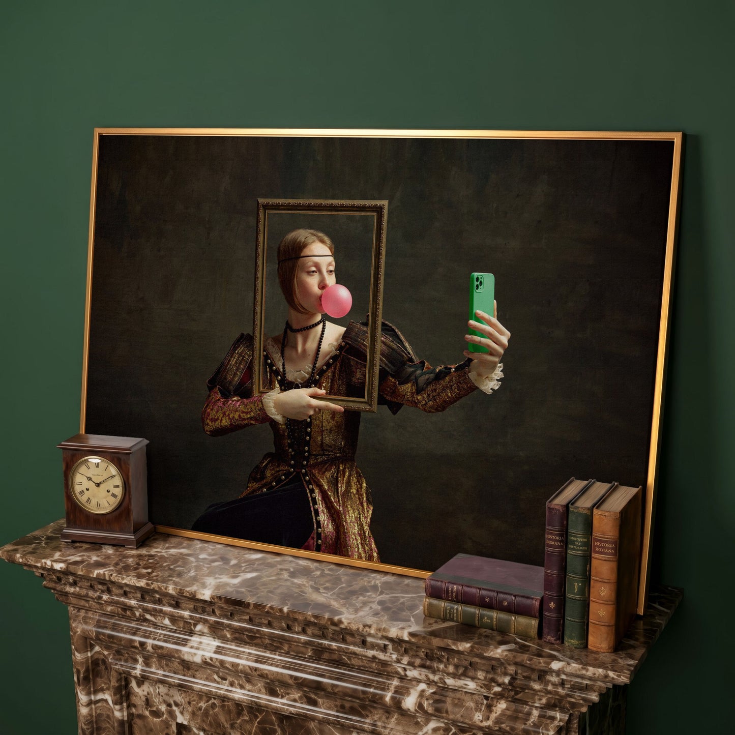 Young Girl with Bubble Gum Portrait Canvas in antique gold floating frame