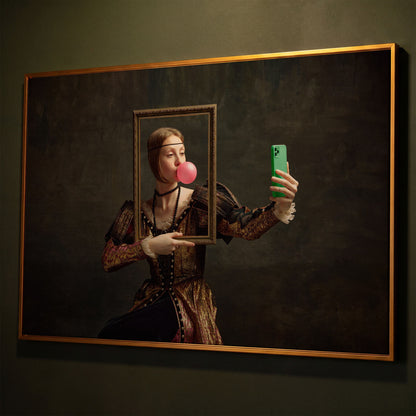 Young Girl with Bubble Gum Portrait Canvas shown in antique gold floating frame