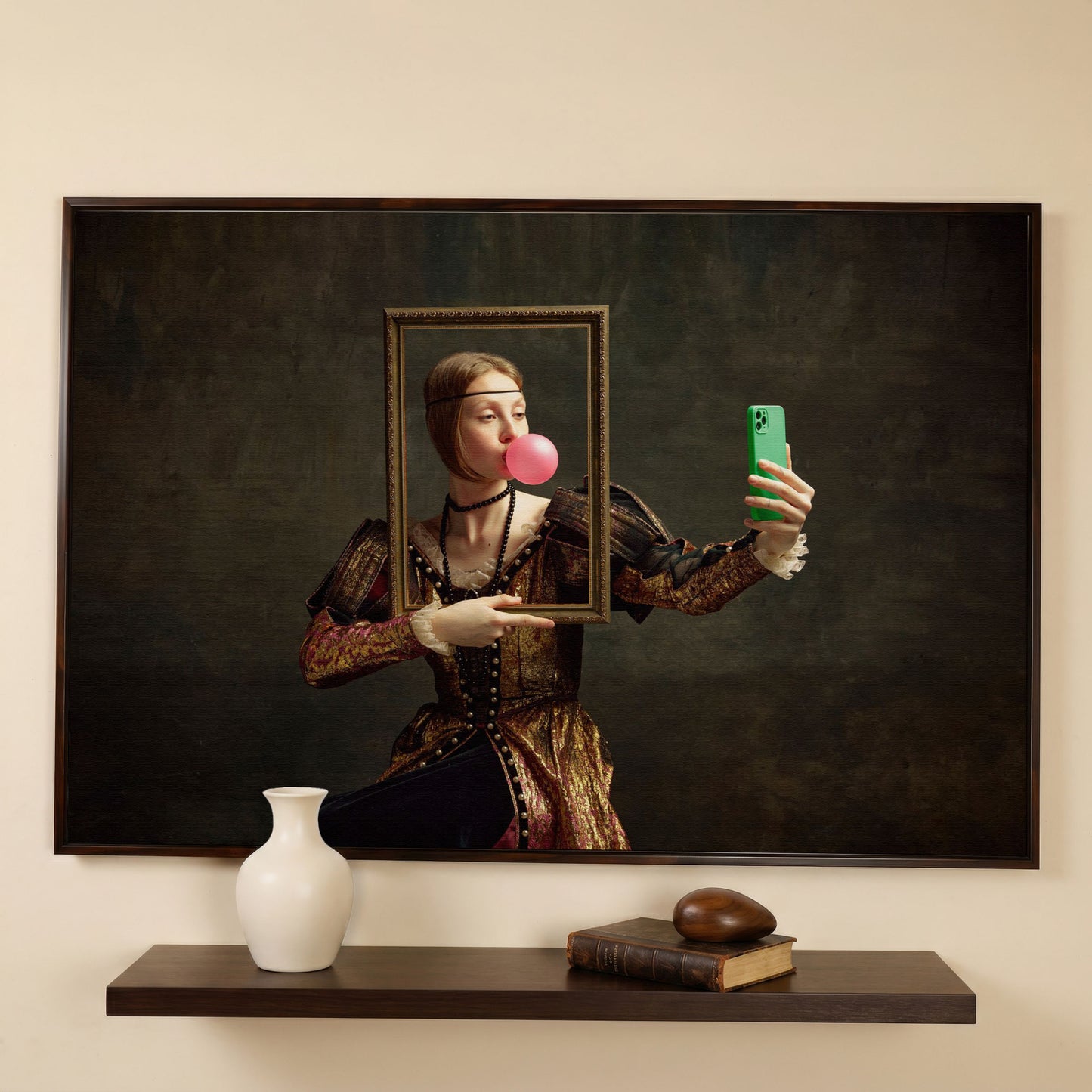 Young Girl with Bubble Gum Portrait Canvas in dark walnut floating frame