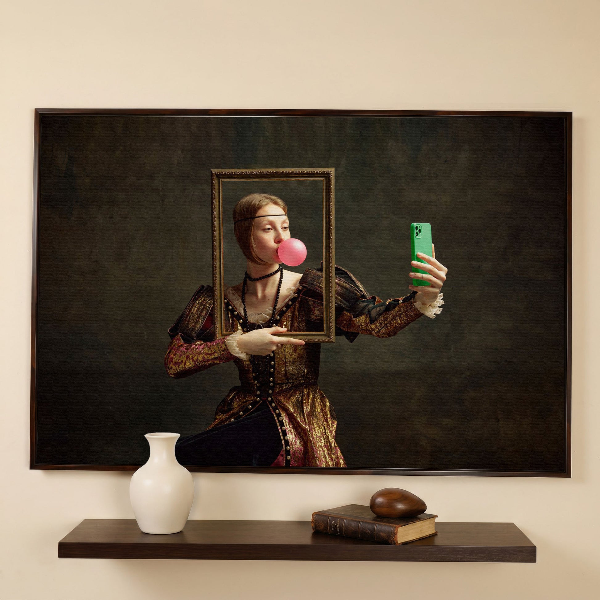 Young Girl with Bubble Gum Portrait Canvas in dark walnut floating frame