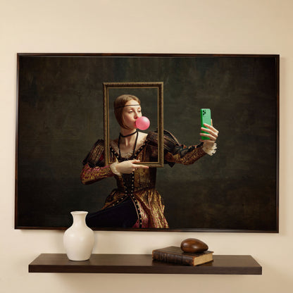 Young Girl with Bubble Gum Portrait Canvas in dark walnut floating frame