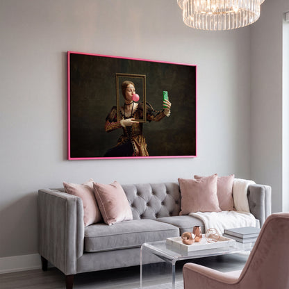 Young Girl with Bubble Gum Portrait Canvas in pink floating frame