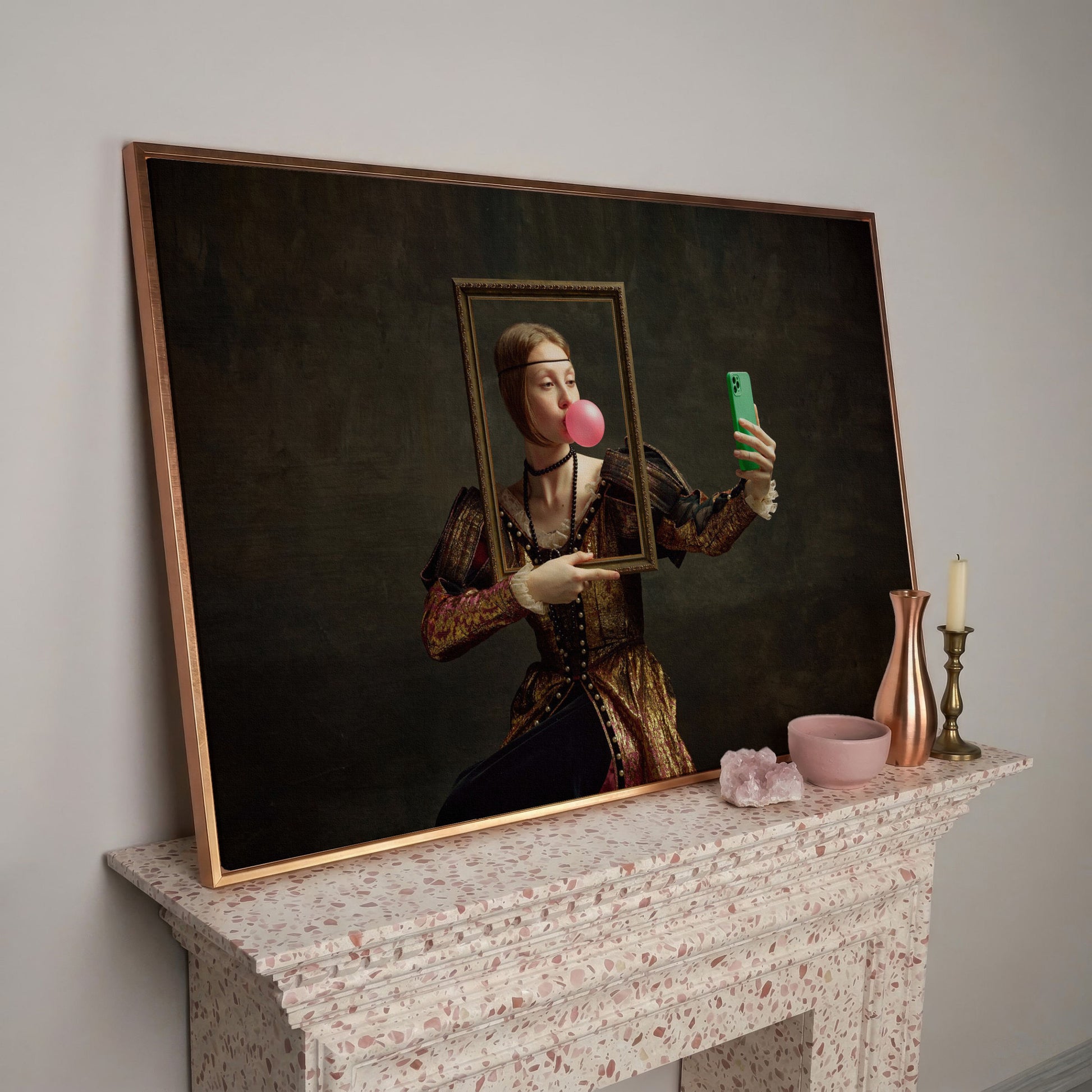 Young Girl with Bubble Gum Portrait Canvas in rose gold floating frame