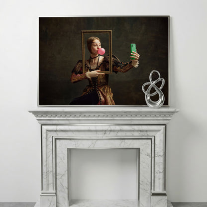 Young Girl with Bubble Gum Portrait Canvas in silver floating frame