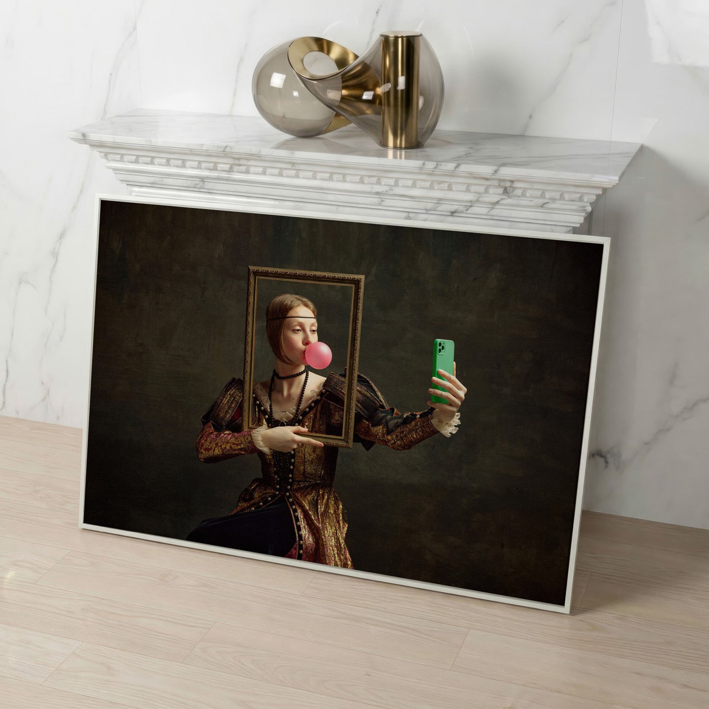 Young Girl with Bubble Gum Portrait Canvas in white floating frame