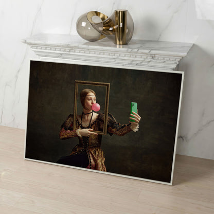 Young Girl with Bubble Gum Portrait Canvas in white floating frame