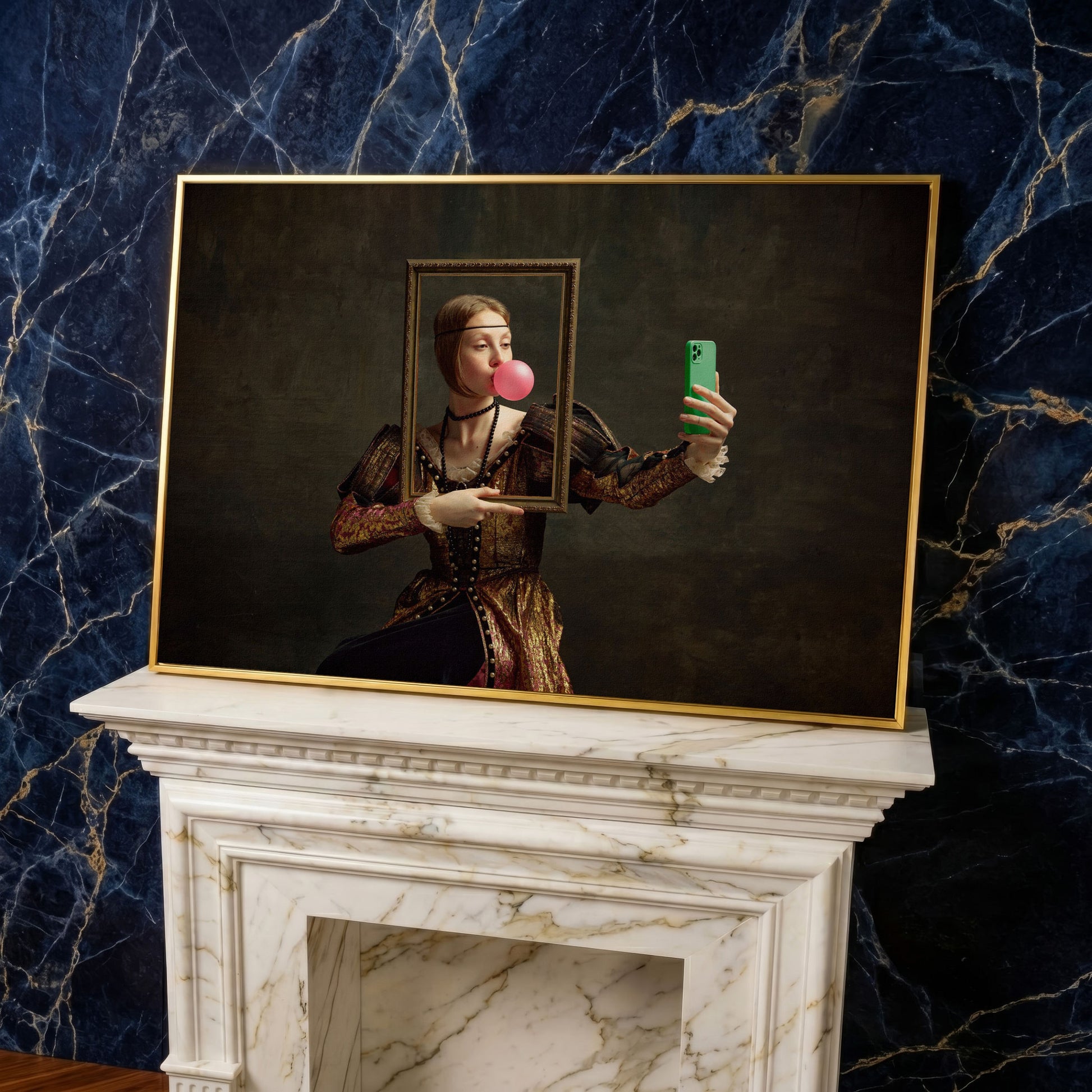 Young Girl with Bubble Gum Portrait Canvas in yellow gold floating frame