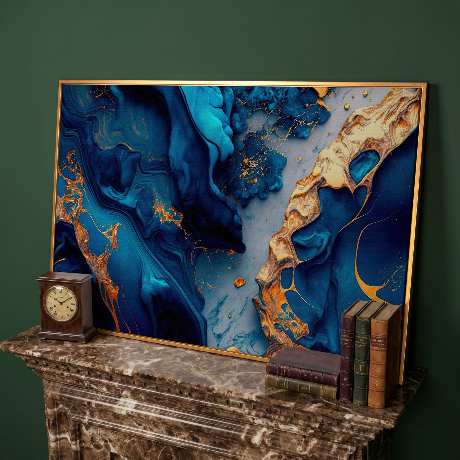 Blue and Gold Marble Canvas Print in antique gold floating frame