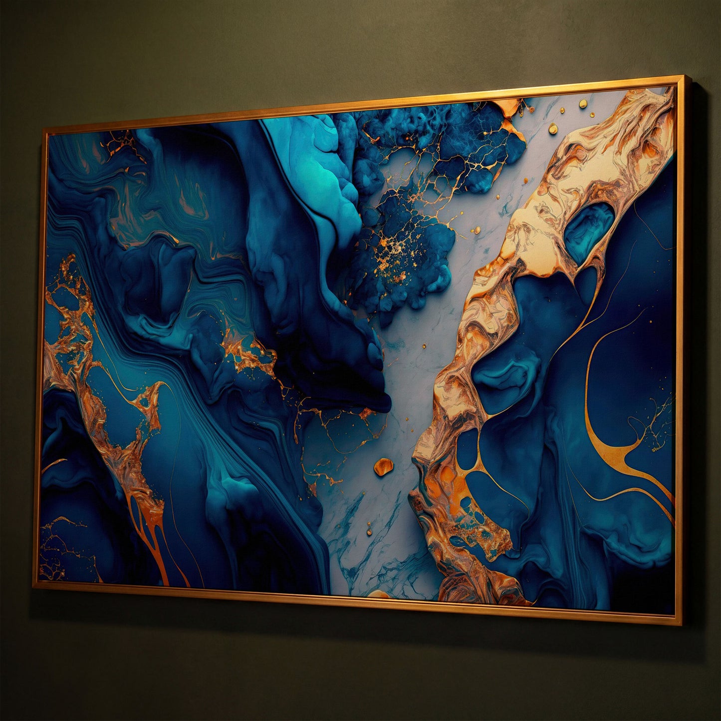 Blue and Gold Marble Canvas Print shown in antique gold floating frame
